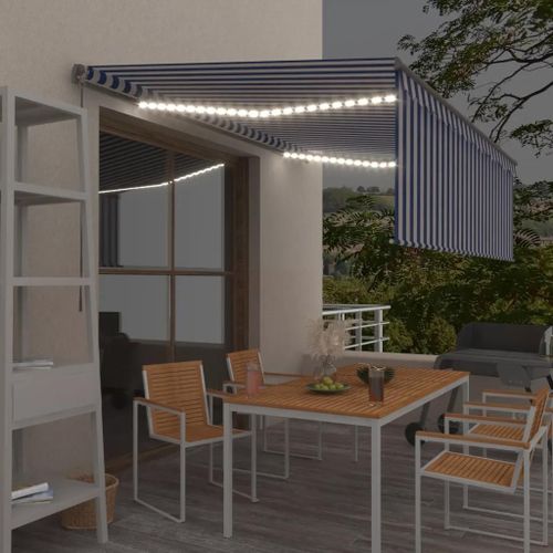 Prolenta Premium - Auvent Manuel Rétractable Avec Store Et Led 4x3 M Bleu Et Blanc