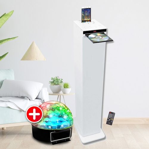 Tour de son HIFI Blanche avec lecteur CD, Bluetooth, RADIO FM USB, 60W, Téléco, Jeu de lumière Boule LED, Colonne Chambre Salon