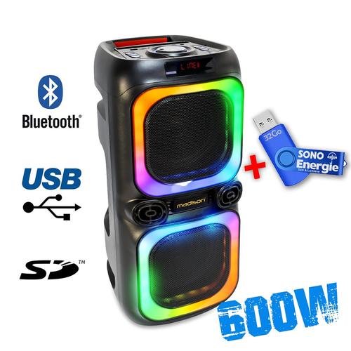 Enceinte autonome Madison NASH60 - Sono DJ 600W Avec double effet à LED, Bluetooth, USB, microSD & TWS+clé USB 32Go