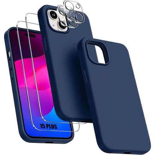 Coque Pour Iphone 15 Plus - Silicone Bleu Marine + 2 Vitres Verre Trempé Et 2 Protections Caméra Arrière - Booling