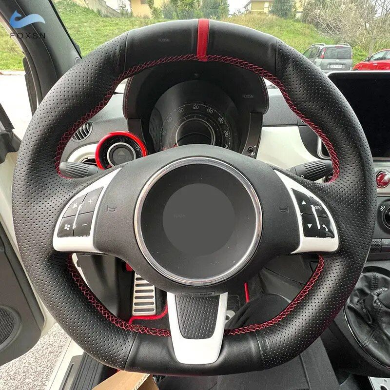 Couverture de volant de voiture avec bande rouge, en cuir noir