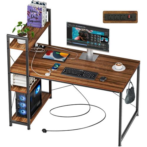 Kgabery-1bureau D'ordinateur Avec Prise De Courant Et Étagères De Rangement,120x46 Cm,Bureau Industriel Avec 4 Étagères,Bureau Rustique Avec Étagère Réglable Et Crochet,Table D'étude Pour La Maison