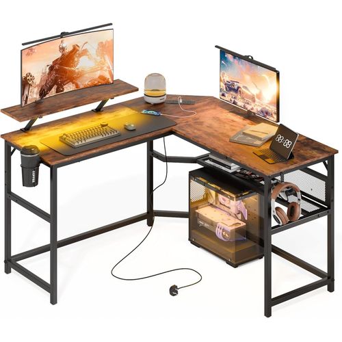 Kgabery-1bureau En Forme De L Avec Led,130x130 Cm Bureau D'angle Réversible Avec Port De Charge Usb Et Prise De Courant Étagères Réglable,Pour Chambre À Coucher,Marron Vintage