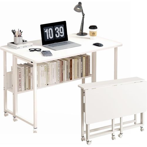 Kgabery-1petit Bureau D'ordinateur Pliable À Roulettes Avec Étagère De Rangement,Petit Bureau Pour Bureau À Domicile,Bureau D'étude Pliable Pour Petits Espaces,Assemblage Facile,Blanc (Blanc,203