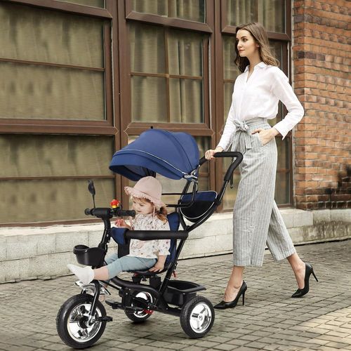 Kgabery-1tricycle 4 En 1,Pour Enfant,Avec Barre De Poussée,Siège Rotatif,Roues En Caoutchouc,Poussette Pliable,Capote Pliable,Panier,Pédale,Jusqu'à 25 Kg,Bleu