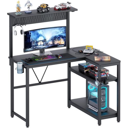 Kgabery-1bureau De Jeu En L Avec Panneau Perforé,Bureau D'angle Réversible Avec Étagères De Rangement À 2 Couches,Crochet Pour Casque Et Porte-Gobelet,Station De Travail Pour Ordinateur Pour La