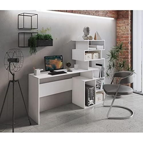 Kgabery-1bureau Avec Bibliothèque Haute Moderne,Console Avec Étagères De Rangement,Table D'étude Pour Chambre,160x40xh135 Cm,Couleur Blanc