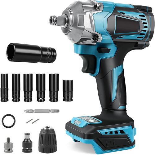KGABERY-1700Nm Clé À Chocs Sans Fil Compatible Avec Makita 18V Batteries,1/2'' Brushless Boulonneuse A Choc Electrique Avec 6 Douilles,Pour La Voiture Et La Maison (Batterie Non Incluse)