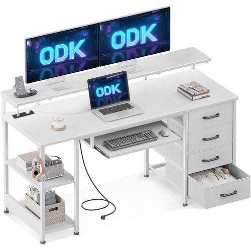 Kgabery-1bureau Avec 4 Tiroirs,Bureau D'ordinateur Avec Prise De Charge Usb Et Prise De Courant,Bureaux Gaming Bureaux Informatique Avec Étagères Réglable Pour Domicile (Blanc,140x52cm)