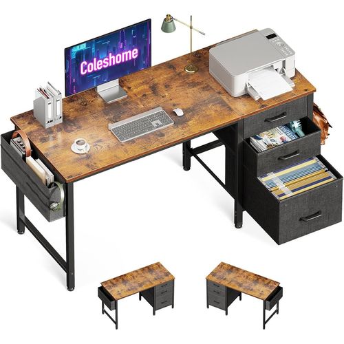 Kgabery-1bureau Avec 3 Tiroirs En Tissu,Bureau Informatique Avec Porte-Casque Et Sac De Rangement,Bureaux D'ordinateur Réversible Pour Petit Bureaux À Domicile (Marron,120x48cm)