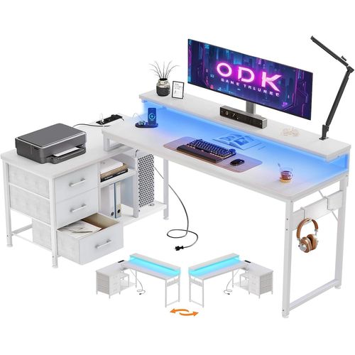 Kgabery-1bureau D'angle Avec Tiroirs,Bureau Gaming En L Avec Etagères Réversible,Bureau Informatique Avec Led Et Port Usb Et Prise De Courant,Table D¿Ordinateur Pour Domicile (Blanc,174x100cm)