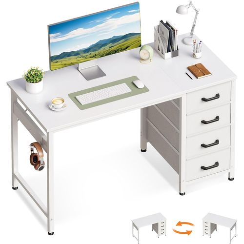 Kgabery-1petit Bureau Avec 4 Tiroirs,Table D'ordinateur Petite Table Avec Crochet Pour Casque,Bureau Informatique Pour Domicile (Blanc,100x48x75.7cm)