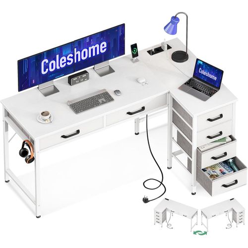 Kgabery-1126x80 Cm Bureau D'angle Avec Rangement,Bureau En L Avec Tiroirs En Tissu,Bureaux Gaming Blanc Avec Prise Électrique,Table D'étude Réversible Pour Chambre Avec Crochet