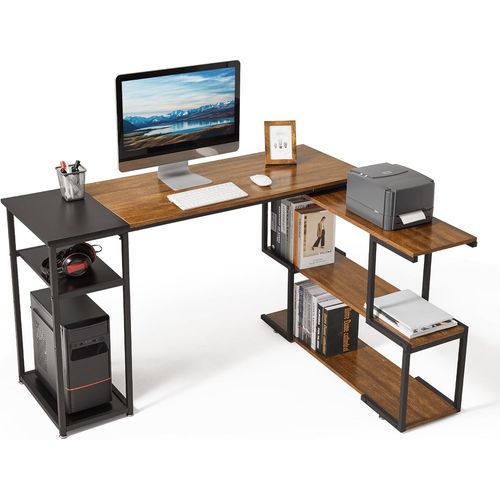 Kgabery-1bureau Informatique,Bureau D'ordinateur Avec Étagère Rangement À Pivotante À 360 Degrés Et Étagère Réglables,Gain D¿Espace Pour Bureau Et Salle D`Etude,135x110x75cm,Marron Rustique Et Noir