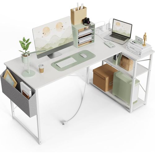 Kgabery-1bureau D'angle Avec Multiprise Intégrée-100x70cm Petit Table Ordinateur Forme L Etagères Rangements,Bureau Informatique Angle Réversible Pour Etudier Travailler Chambre Domicile Blanc