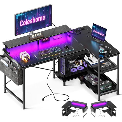 Kgabery-1bureau Gaming Led,120x80cm Bureau D'angle Avec Étagères Réversible,Table Imformatique En L Avec 2 Chargeur Usb&2 Prises Table Gaming Avec Support D'écran Pour Domicile,Noir
