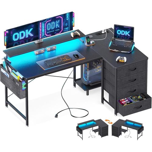Kgabery-1bureau D'angle Led,Bureau En L Avec 4 Tiroirs Réversible Table Informatique Avec 2 Prise De Charge Usb Et 2 Prise De Courant Pour Domicile (Noir,140x80x84.7cm)