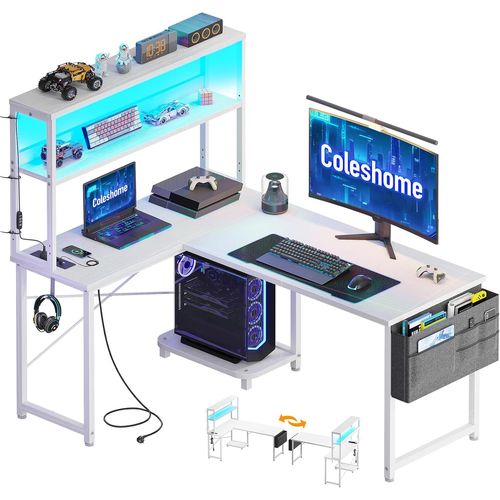 Kgabery-1bureau Gaming Angle Avec Led Et Prises,115 × 80 Cm Bureau Gaming Réversible Avec Étagères,Table En L Avec Sac De Rangement Et Crochet Pour Le Travail À Domicile Et Gaming,Blanc