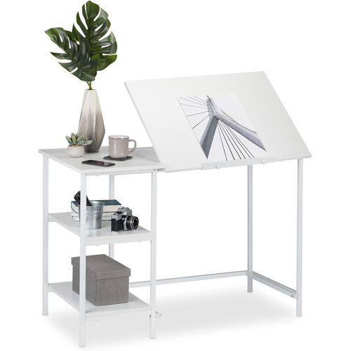 Kgabery-110026046_954 Bureau Inclinable,3 Étagères,De Nombreux Angles,Table D¿Ordinateur Travail,Hlp: 75x110x55 Cm Blanc,Panneau De Particules,Fer
