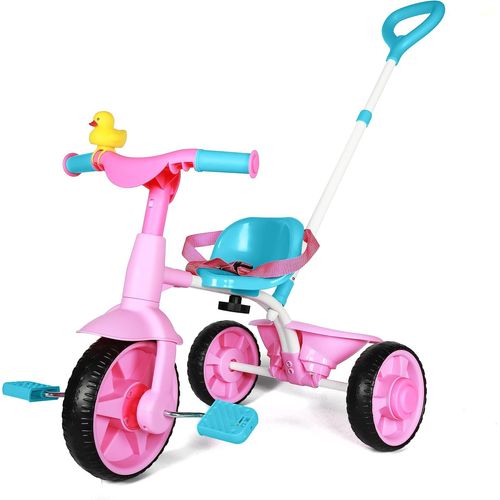 Kgabery-1tricycle 2 En 1 Pour Enfants De 18 Mois À 3 Ans,Roues Eva,Tricycle Cadeau,Tricycle Enfant Bébé De 2 À 3 Ans Avec Poignée De Poussée Et Klaxon En Forme De Canard,Vélo Draisienne,Rose