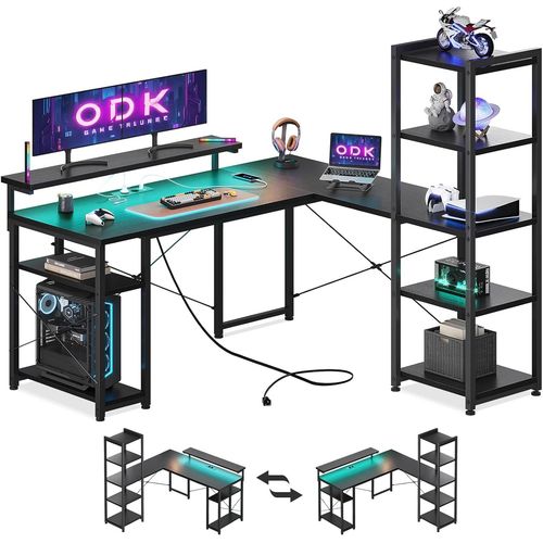 Kgabery-1bureau D'angle Informatique Réversible De Avec Bibliothèque,Bureau Avec Long Support De Moniteur Réglable (Noir,140cm Avec Led&2 Prises De Courant)