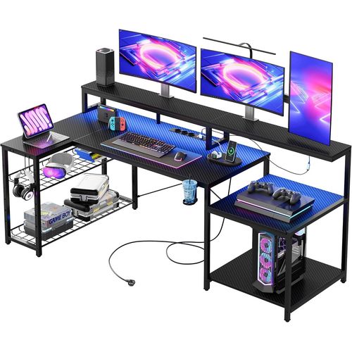 Kgabery-1bureau D'angle 181 Cm,Bureau De Jeu Avec Lumières Led,Table De Jeu Pc Avec 3 Prises Secteur Et 2 Ports De Chargement Usb,Bureau D'ordinateur Avec Étagère Pour Écran Spacieuse,Noir