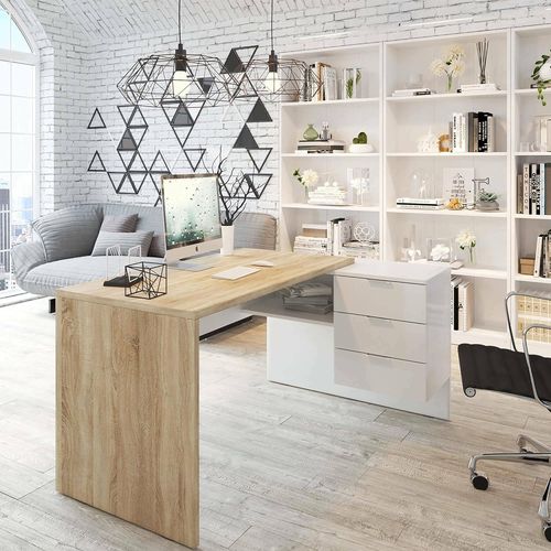 Kgabery-1bureau Greensboro Réversible Multifonctionnel,Table D'angle Avec Support Pc Et Tiroirs,145x108h73 Cm,Chêne Et Blanc