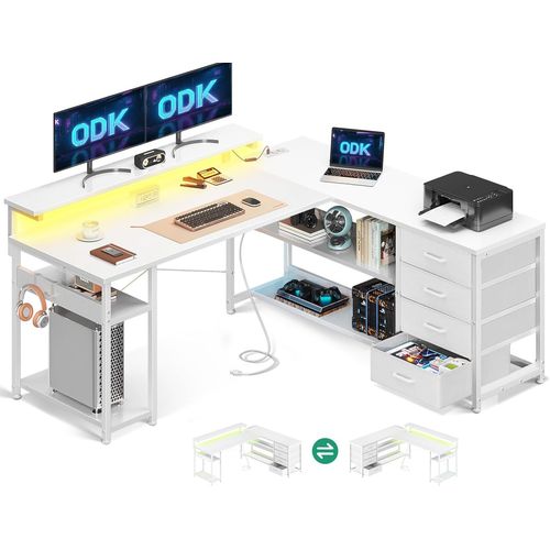 Kgabery-1bureau Avec Tiroirs,Bureau D'angle Réversible Avec 2 Prises Et 2 Ports Usb,Bureau En L Avec Led Pour Bureau À Domicile,Blanc Pur,135×110 Cm