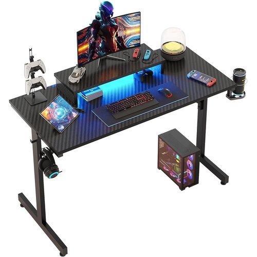 Kgabery-1bureau Gamer 106 Cm Avec Led,Support Écran,Porte-Gobelet Et Crochet Casque¿Table Compacte Design Fibre De Carbone Noire Pour Bureau Ou Chambre
