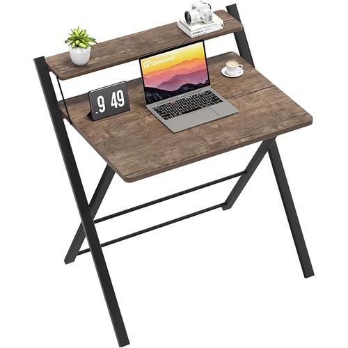 Kgabery-1petit Bureau Pliant 77cm,Table Pliable Gaming Avec À 2 Niveaux Rangement,Mini Bureau D'ordinateur Pc Portable Pour Petit Espace,Bureau À Écriture Pour Poste De Travail,Marron