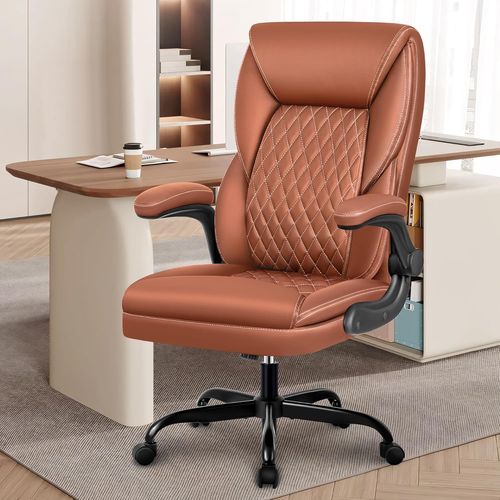 Kgabery-1chaise De Bureau Ergonomique En Cuir Avec Dossier Haut Et Accoudoirs Rabattables,Support Lombaire Pivotant Pour Ordinateur Avec Fonction À Bascule (Marron)