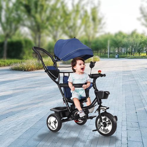 Kgabery-1tricycle Pour Enfants,Tricycle Bébé 4-En-1,Tricycle Pliable Avec Rétroviseur Cloche,Pare-Soleil Pliable Et Mât Télescopique Amovible,Convient Pour 3 À 6 Enfants (Bleu Marine)