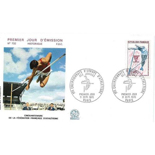 France 1970, Très Belle Enveloppe 1er Jour Fdc 732, Timbre Yvert 1650, Championnat D'europe D'athlétisme Junior À Paris, Cinquantenaire De La Fédération Fraçaise, Neuve**