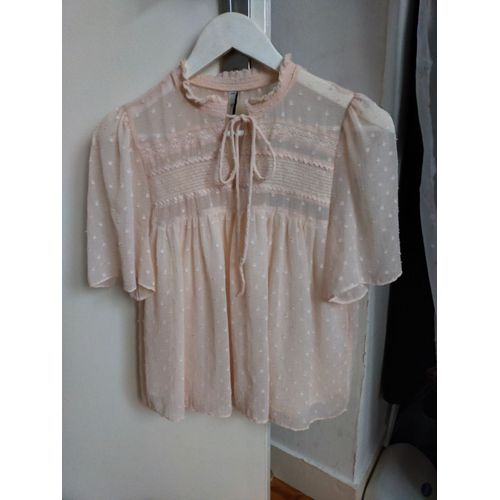 Haut / Top / Blouse Zara Ample En Voile Rose Pâle À Pois Xs Tbe