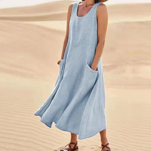 Robe D'été Sans Manches En Coton Et Lin Pour Femmes, Tenue De Plage Élégante, Col Rond, Couleur Unie, Poches Vintage, 2023
