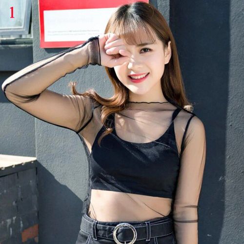 T-Shirt En Résille À Manches Longues Pour Femmes, Noir, Sexy, Transparent, En Dentelle, Maille, Protection Solaire, Été