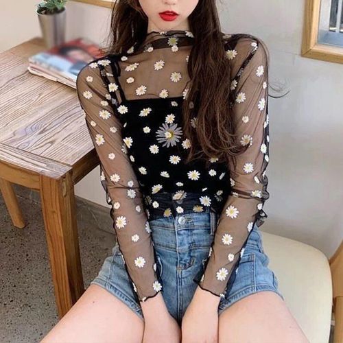 T-Shirt Manches Longues En Dentelle Transparente Pour Femme, Streetwear Sexy, Mode Y, Maille Transparente, Crème Solaire