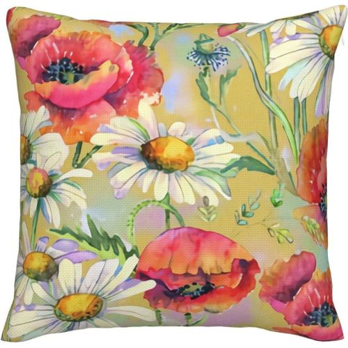 Coquelicots Marguerites Sur Lin Ocre Imitation Lin Housses De Coussin Taie D'oreiller Décorative Housses De Coussin Carrées Pour La Maison Canapé Chambre Salon Noir