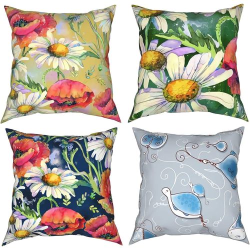 Coquelicots Marguerites Sur Lin Ocre Housses De Coussin Décoratives X Taie D'oreiller Carrée Housses De Coussin Pcs Pour La Maison Canapé Chambre Salon Noir