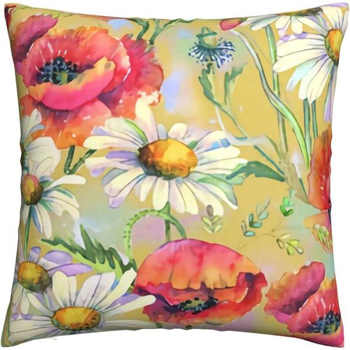 Coquelicots Marguerites Sur Lin Ocre Housses De Coussin Taie D'oreiller Décorative Taies De Coussin Carrées Pour La Maison Canapé Chambre Salon Blanc