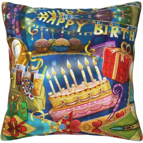 Housse De Taie D'oreiller En Coton Imprimé Joyeux Anniversaire, Taie D'oreiller Décorative, Protection Pour Chambre, Canapé, Noir