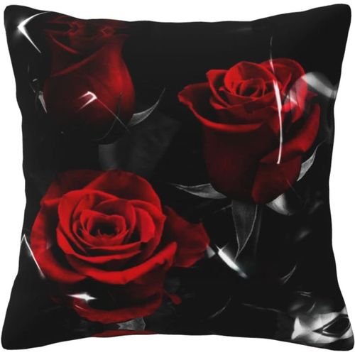 Housse De Taie D'oreiller En Coton Imprimé Rose Rouge, Taie D'oreiller Décorative, Protection Pour Chambre, Canapé, Noir