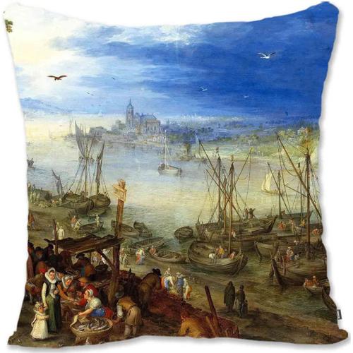 Housse De Taie D'oreiller Décorative Art Paysager Baroque - Jan Brueghel L'ancien - Vaste Paysage Avec Des Voyageurs Sur Une Route De Campagne Be-Marché Aux Poissons Sur Les Rives