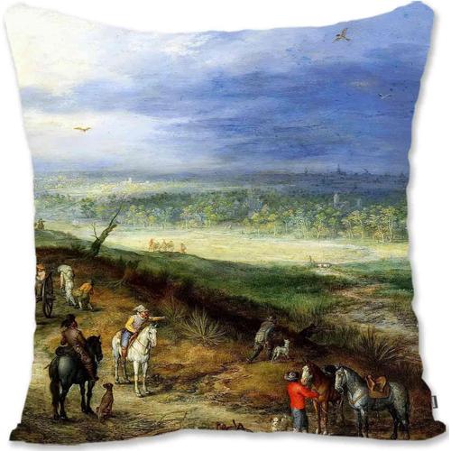 Housse De Taie D'oreiller Décorative Art Paysager Baroque - Jan Brueghel L'ancien - Vaste Paysage Avec Des Voyageurs Sur Une Route De Campagne Be-Vaste Paysage Avec Des Voyageurs S