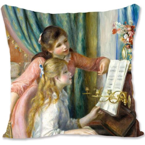 Housse De Coussin Décorative, Art Nu, Renoir, Nu Couché Sur Le Dos Vu Sur Le Fond Ocre Re-Deux Jeunes Filles Au Piano Re