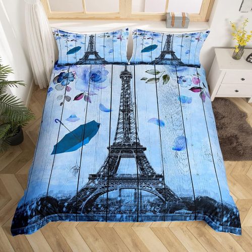 Parure De Lit Tour Eiffel, Motif Floral Bleu Et Parapluie, Housse De Couette Pour Adolescentes, D¿¿Cor De Chambre Pour Femmes, Couette Romantique De Paris