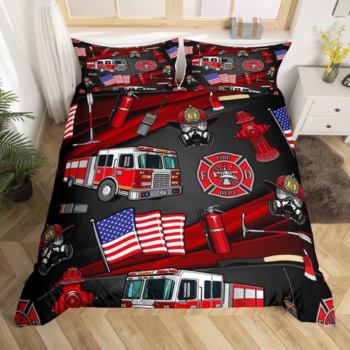 Housse De Couette Drapeau Am¿¿Ricain, Ensemble De Literie Avec Camion De Pompier, Dessin Anim¿¿ Queen, Pour Enfants, Adolescents, Gar?Ons, D¿¿Coration De Chambre, Fourniture