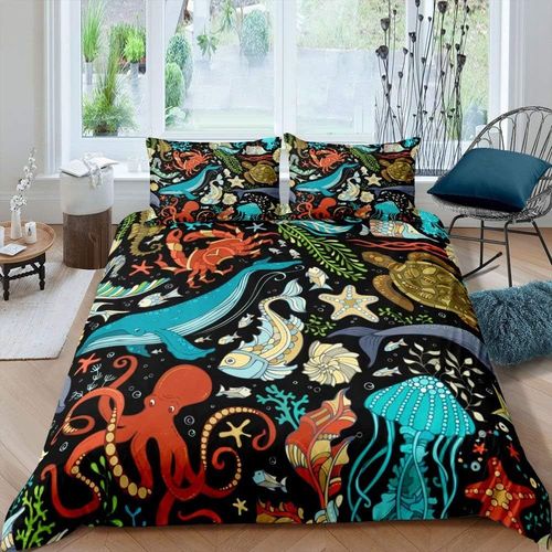 Sealife ¿C Housse De Couette Color¿¿E, Poulpe, Baleine, Dauphin, Tortue, Poisson, D¿¿Cor, Housse De Couette, Animaux Marins, Ensemble De Literie En Microfibre