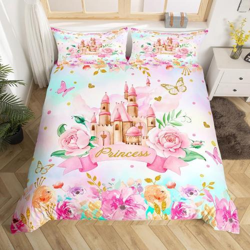 Ensemble De Literie Chateau De R¿ºve Pour Filles, Housse De Couette Aquarelle Rose Pour Adolescents Et Enfants, Housse De Couette Papillon, D¿¿Coration De Chambre D'enfant