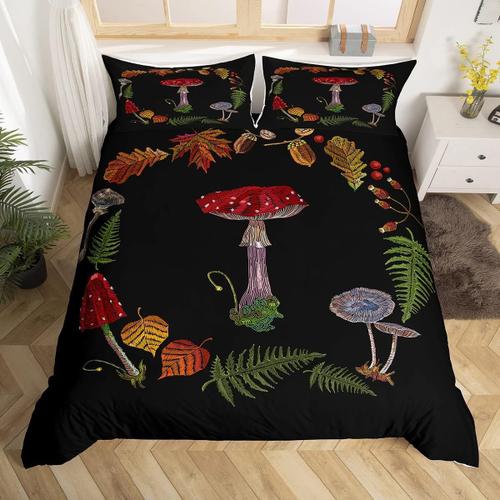 Housse De Couette En Forme De Champignon Sauvage, Ensemble De Literie Bordeaux Avec Feuilles Tomb¿¿Es, Pour Enfants, Femmes Et Filles, D¿¿Cor De Chambre, Plantes De Ferme C